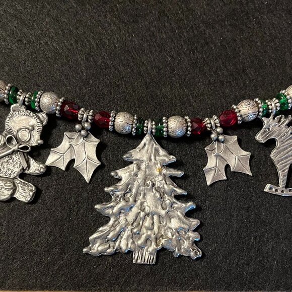 Marcie USA Jewelry - Vintage Signed MARCIE Christmas Holiday Necklace Pewter Charms and Glass Beads